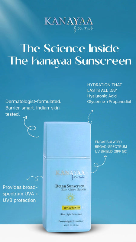 Kanayaa Detan Sunscreen SPF 50 with zero white cast for Indian skin