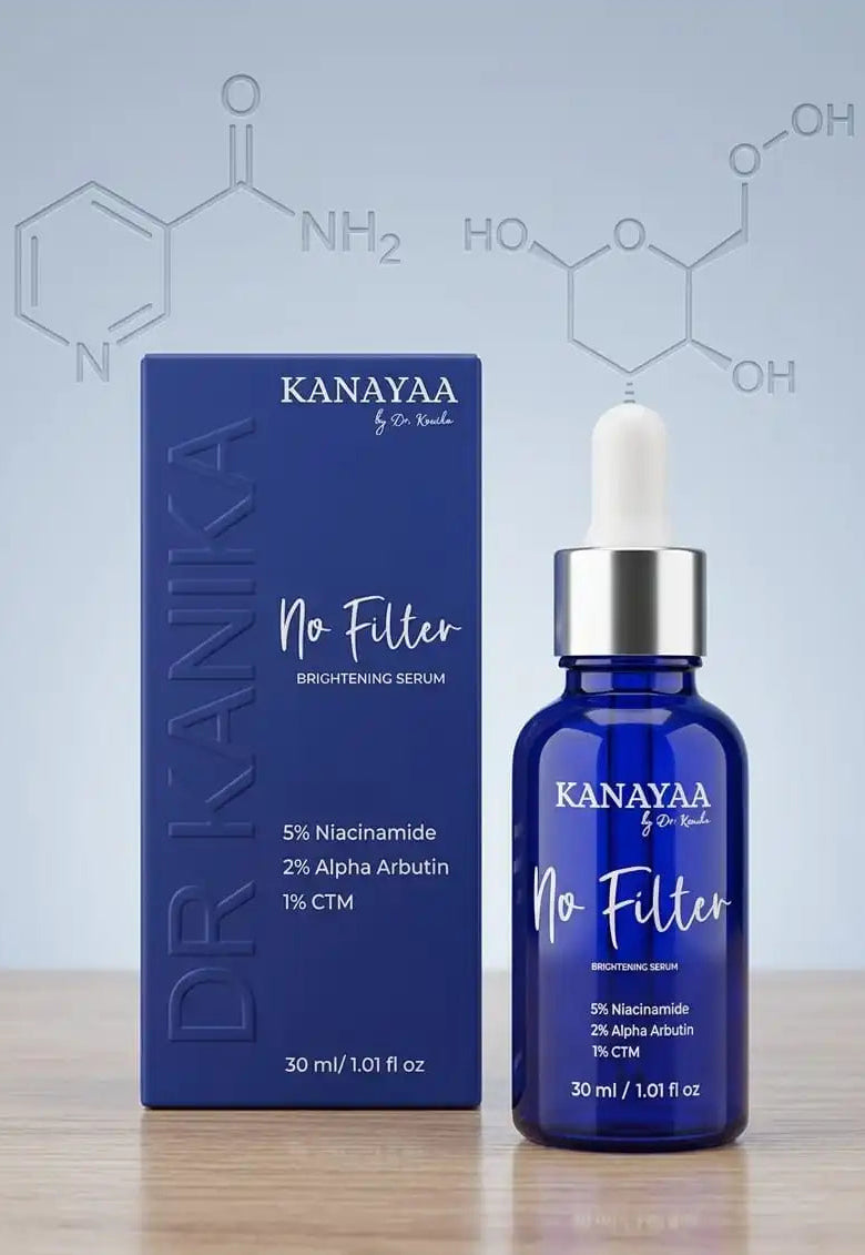 Kanayaa 'No Filter' brightening serum bottle and packaging on a wooden surface with a light blue background.